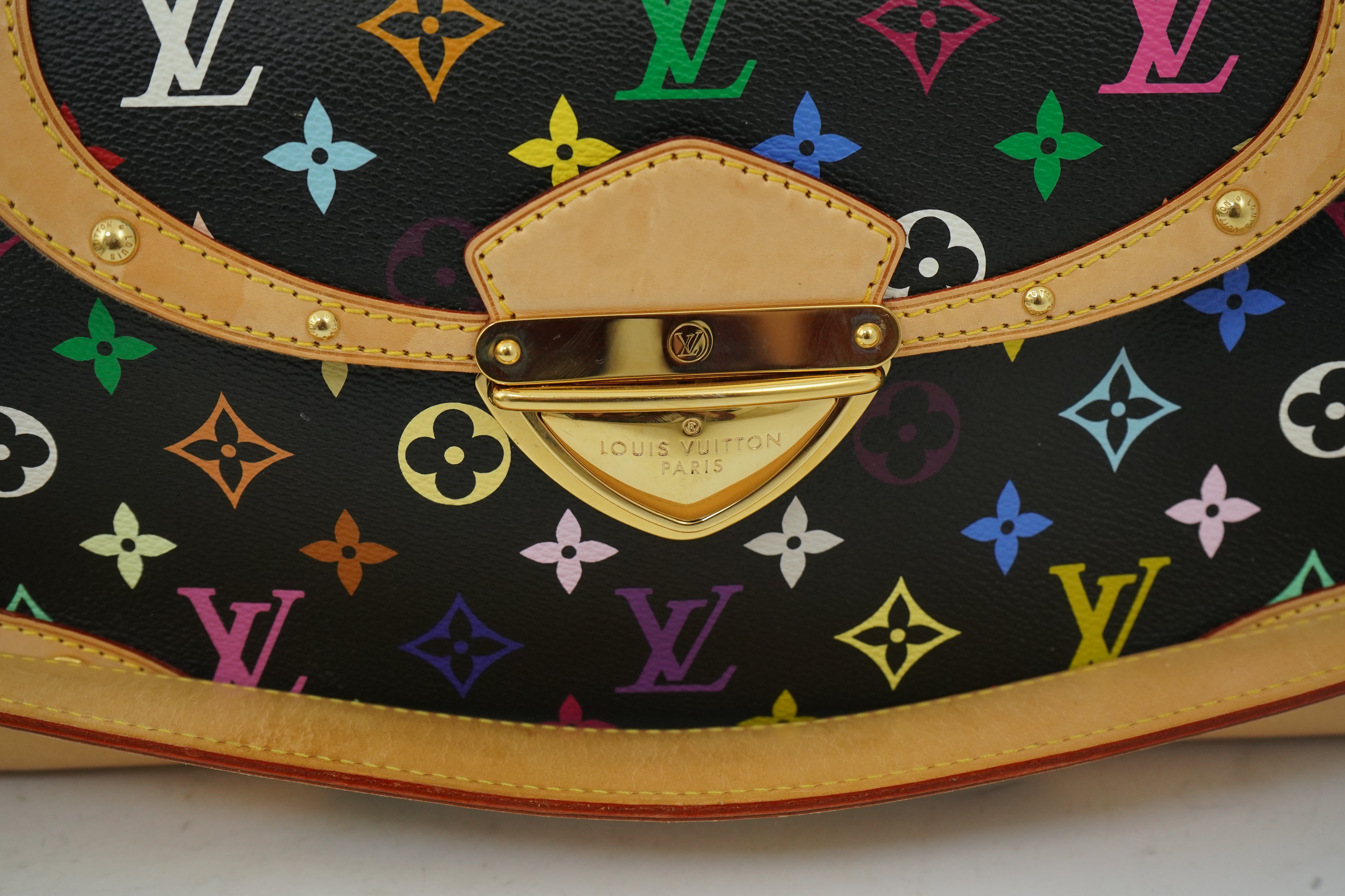 A Louis Vuitton x Takashi Murakami black / monogram multicolour coated canvas handbag with with natural cowhide trim